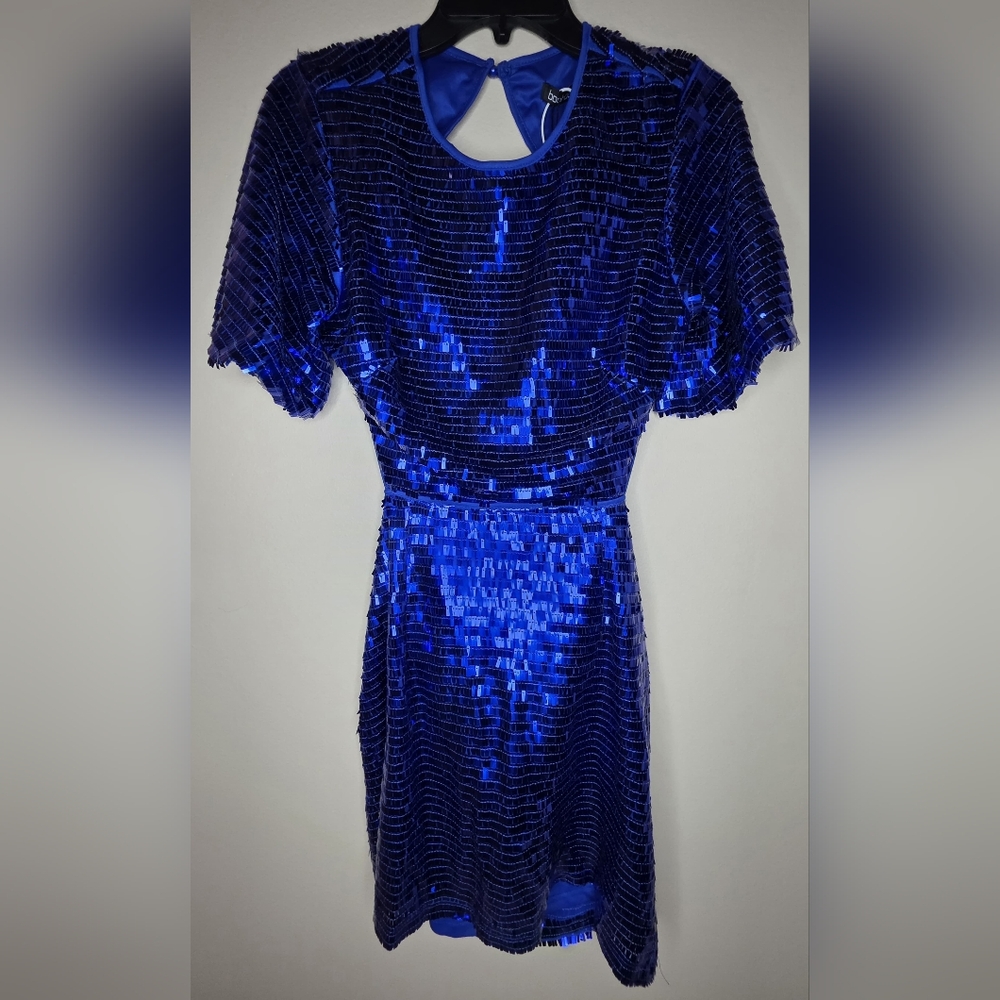Boohoo Women's Petite Tassel Sequin Angel Sleeve Shift Dress Blue